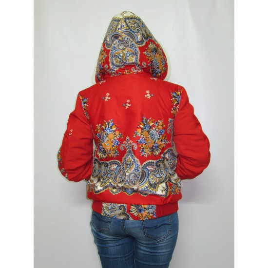 Куртка  с капюшоном с цветочным рисунком по мотивам павлопосадских платков