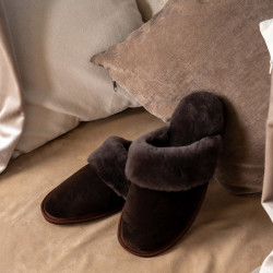 Мужские тапочки из натурального меха и замши коричневые ( PREMIUM )