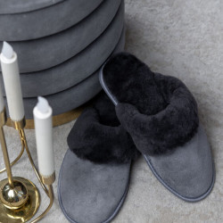 Мужские тапочки из натурального меха и замши серые ( PREMIUM )
